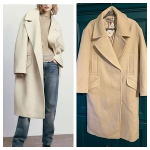 Zara Oversize Coat Cream Beige Jacket Sz XS Boxy Midi Long